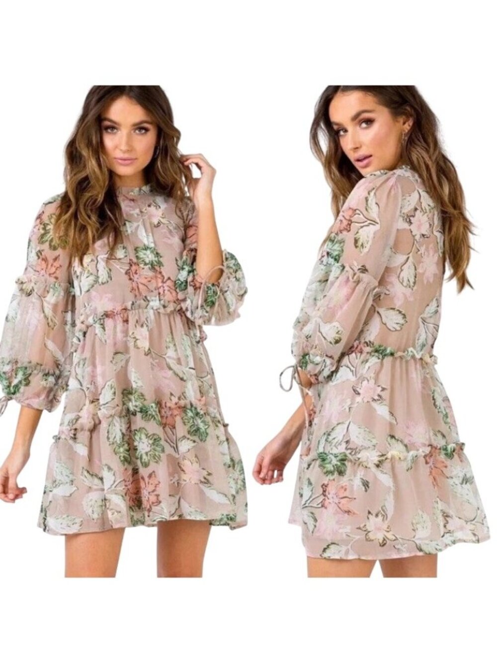 Princess Polly Eden Bloom Mini Dress Size 8 Floral Tiered Long Sleeve Blush NEW